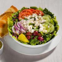 Classic Greek Salad · Fresh mix greens, tomatoes, cucumbers, red onions, pepperoncinis, calamata olives, feta chee...