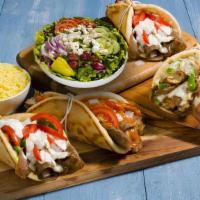 Small Gyro Feast · Comes with 4 gyros and rice for 4 people.