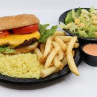 Cheeseburger Plate · Plates include rice, fries & salad.