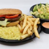 Hamburger Plate · Plates include rice, fries & salad.