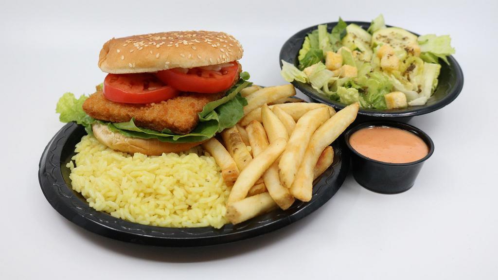 Fish Sandwich Plate · Plates include rice, fries & salad.