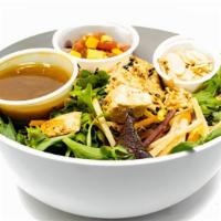 Asian Salad · Gluten free. Asian salad ingredients: chicken, kale, carrots, roma tomatoes, almonds, sweet ...