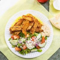 Chicken Gyros Plate · Served with Chicken gyros, hummus, rice, salad and pita &Tzatziki