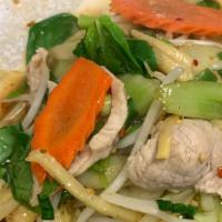 Mixed Vegetables (Chicken Or Pork) · Meat and cabbage, carrot, broccoli, celery, mushroom, spinach, bean sprot onion, bamboo shoo...