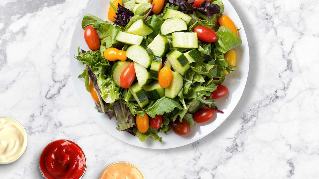 House Signature Salad · Fresh lettuce, baby Greens, tomatoes, onions, cucumber, mushrooms, avocado, crispy tortilla chips & cheese.