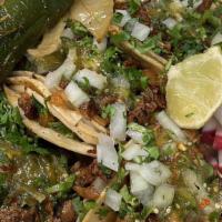 3 Street Tacos · corn tortilla, protein, cilantro, radish, lime, onions, green salsa, grilled onions and gril...