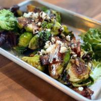 Brussels Sprouts · Bacon, blue cheese, roasted pecans, balsamic glaze.