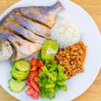 Whole Fish · Whole Fish served with white rice, beans, and salad