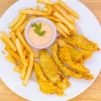 Fish And Chips · Breaded fish and french fries.