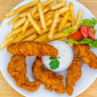 Chicken Tenders · breaded fried chicken and french fries.