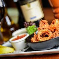 Calamari Large (Serves 20-25) · Thinly-cut and lightly fried, served with a lemon wedge, marinara, and wasabi ranch.