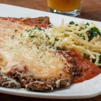 Eggplant Parmigiana Large (Serves 20-25) · Baked with marinara and a blend of four cheeses; served with marinara and linguini with saut...