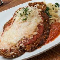 Chicken Parmigiana Large (Serves 20-25) · Baked with marinara and a blend of four cheeses; served with marinara and linguini with saut...