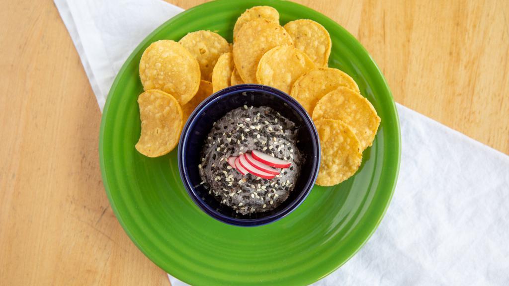 Black Bean Hummus · Vegan. Made without gluten. Served with non-GMO tortilla chips.