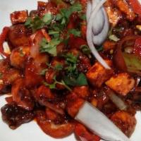 Chilli Paneer · homemade cheese cubes sautéed with peppers and onions in a blend of indo-chinese sauces
