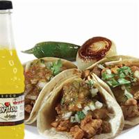 Combo #60 (3) Tacos · Soft street tacos with choice of meat. Served with cilantro, onion and salsa. Included Favor...