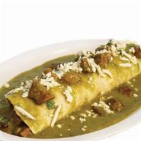 Chile Verde Burrito · Chile Verde Burrito is served with pork in tomatillo sauce, rice, beans, & Mexican cheese on...