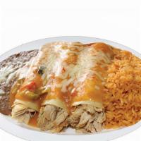 Enchiladas California (3) · Covered with a three pepper mild sauce, with Monterrey and jack cheese.