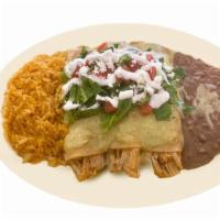 Enchiladas Poblanas (3) · Covered with poblano sauce, Mexican cheese, sour cream, lettuce tomatoes