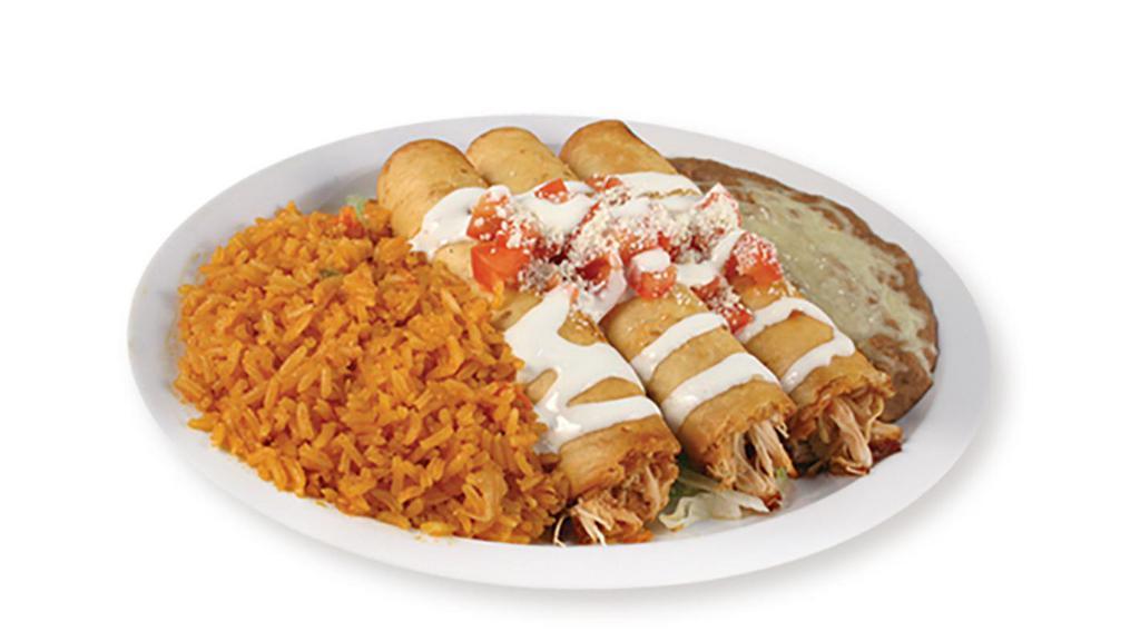 Chicken Flautas · 3 Fried Flour tortillas filled with chicken. Rice & Beans on the side.