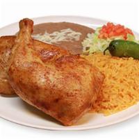 Pollo Asado (2 Leg Quarter) · Boiled Chicken Served with rice, beans & handmade tortillas.