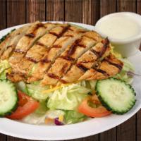 Chicken Salad · Served with grilled chicken, lettuce, tomatoes, cucumber, jack & cheddar cheese and ranch dr...
