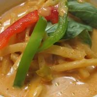 Red Curry · Blend of Thai spices infused in red curry paste with bamboo shoots, fresh basil and bell pep...