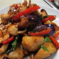 Spicy Eggplant · Stir fried eggplant, basil, and bell peppers in a spicy bean paste. Your choice of meat.