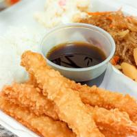 Shrimp Tempura Plate · Deep-fried tempura shrimp with dipping soy sauce.