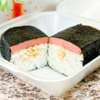 Spam Musubi · Grilled spam on seasoned rice wrapped in nori.