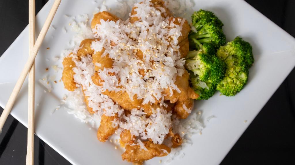Snow Mountain Chicken · Deep fried with coconut and empire sweet souce.