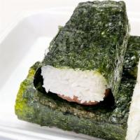 Spam Musubi · Fresh white Rice and spam with delicious teriyaki sauce and wrapped with seaweed!