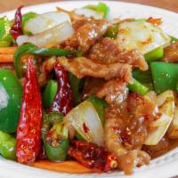 Hot Garlic (Szechuan Beef) · Hot and spicy. Tender beef strips w/ carrots, mushrooms, diced bell peppers and onions stir ...
