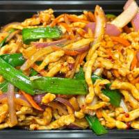 Pepper & Onion Pork · Hot and spicy. Pork strips w/ green onion, white onions & carrots stir fried in a spicy brow...