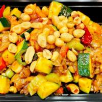 Kung Pao Chicken · Hot and spicy. Diced chicken w/ zucchini, celery, carrots and water chestnuts stir fried in ...