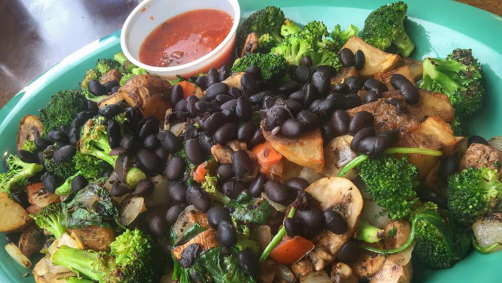 Southwest Bowl · Home fried spudz with your choice of protein, broccoli, onions, spinach, mushrooms, tomatoes, and black beans. Served with pico de gallo on the side.