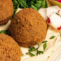 Falafel Platter · Falafel four pcs made of ground garbanzo beans patty. Served with vegetable, pickles, pita b...