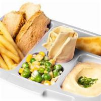 K2 Kid'S Chicken · Char-Grilled chicken tawook 4 pcs, cheese roll 1 pc, Hummus, pita bread, cucumber, rice, or ...