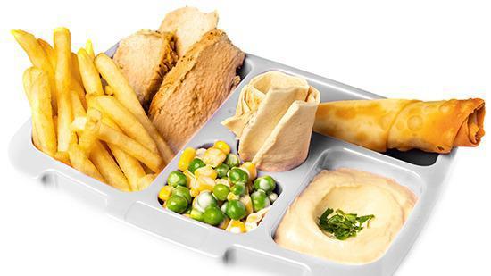 K2 Kid'S Chicken · Char-Grilled chicken tawook 4 pcs, cheese roll 1 pc, Hummus, pita bread, cucumber, rice, or fries.