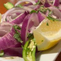 Indian Onion Salad · Sliced onion, green chilly and lemon topped with chat masala