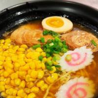 Shoyu Ramen · Pork broth w.soy flavor, fish cake, green onions, boiled egg, corn, pork slices