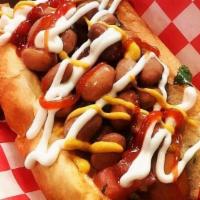 Sonoran Dog · Vegan hot dog with organic salsa, pinto beans, pickled onions, vegenaise, mustard, vegan Bac...