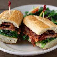 Superstar Blt · All natural Hickory smoked bacon, greens, tomato, and honey mustard aioli on our crusty bagu...