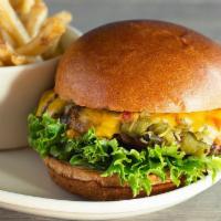 Green Chile Cheeseburger · 7 ounces of fresh, all-natural, hormone & antibiotic free Angus beef, cheddar, Young Guns gr...