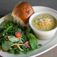 Soup & Salad · Served with a fresh dinner roll.. Tomato Bisque
