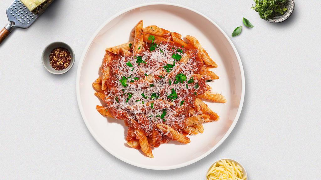 Red Ritz Pasta (Penne) · Fresh penne pasta served with a house vegan red sauce and your choice of toppings.