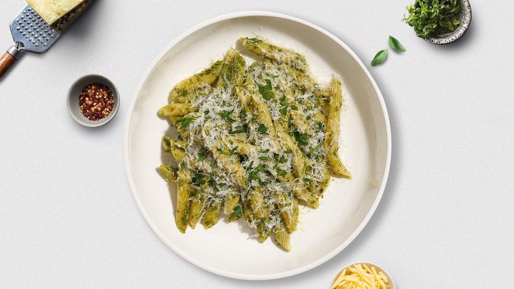 Psyched For Pesto (Penne) · Fresh pesto pasta served with a house vegan pesto sauce and your choice of toppings.