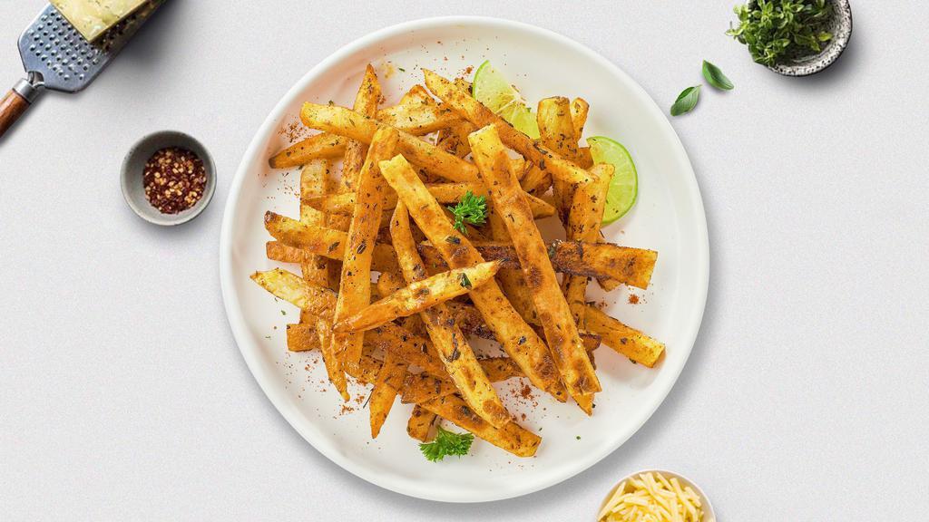 Ghost Flame Fries · Idaho potato fries cooked until golden brown and garnished with salt and spicy seasoning.
