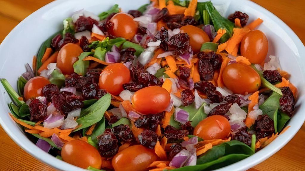 House Salad · Mix greens, julienne carrots, red onion, grape tomatoes, and dried cranberries with a side of our house vinaigrette