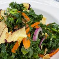 Large Kale Salad · Carrot, edamame, red onion, pepitas, apple chips, honey-ginger vinaigrette